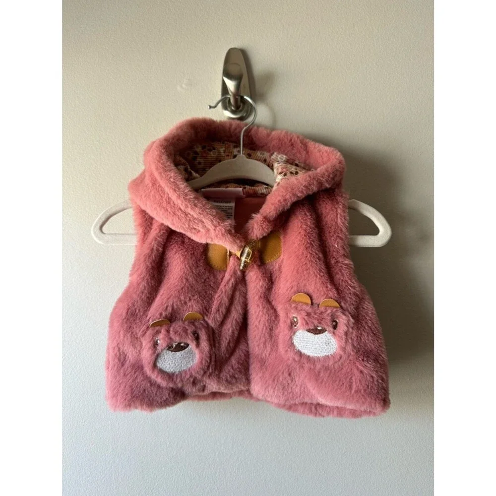 Little Lass Baby Girl Pink Plush Hooded Baby Vest Bear Pockets Size 0-3M Cute